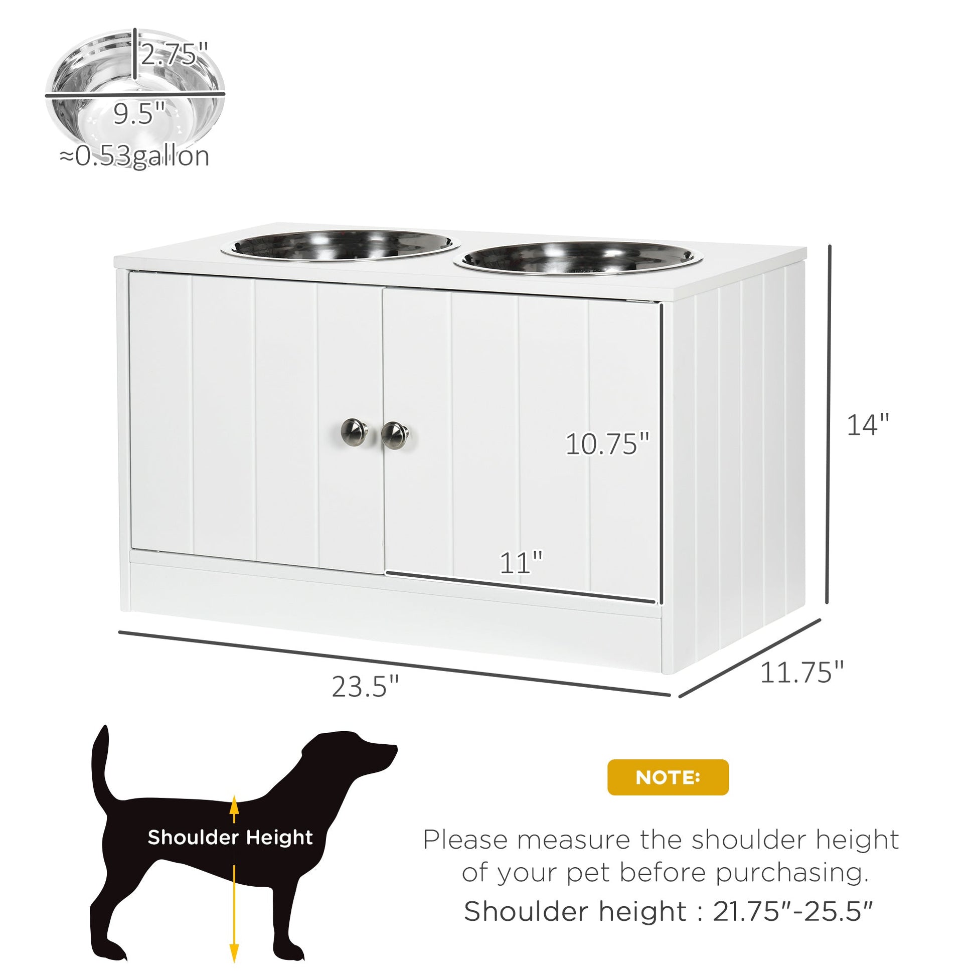 KFX-1917245 Large Elevated Dog Bowl Stand with 44L Storage Cabinet and Stainless Steel Bowls in Cotton White