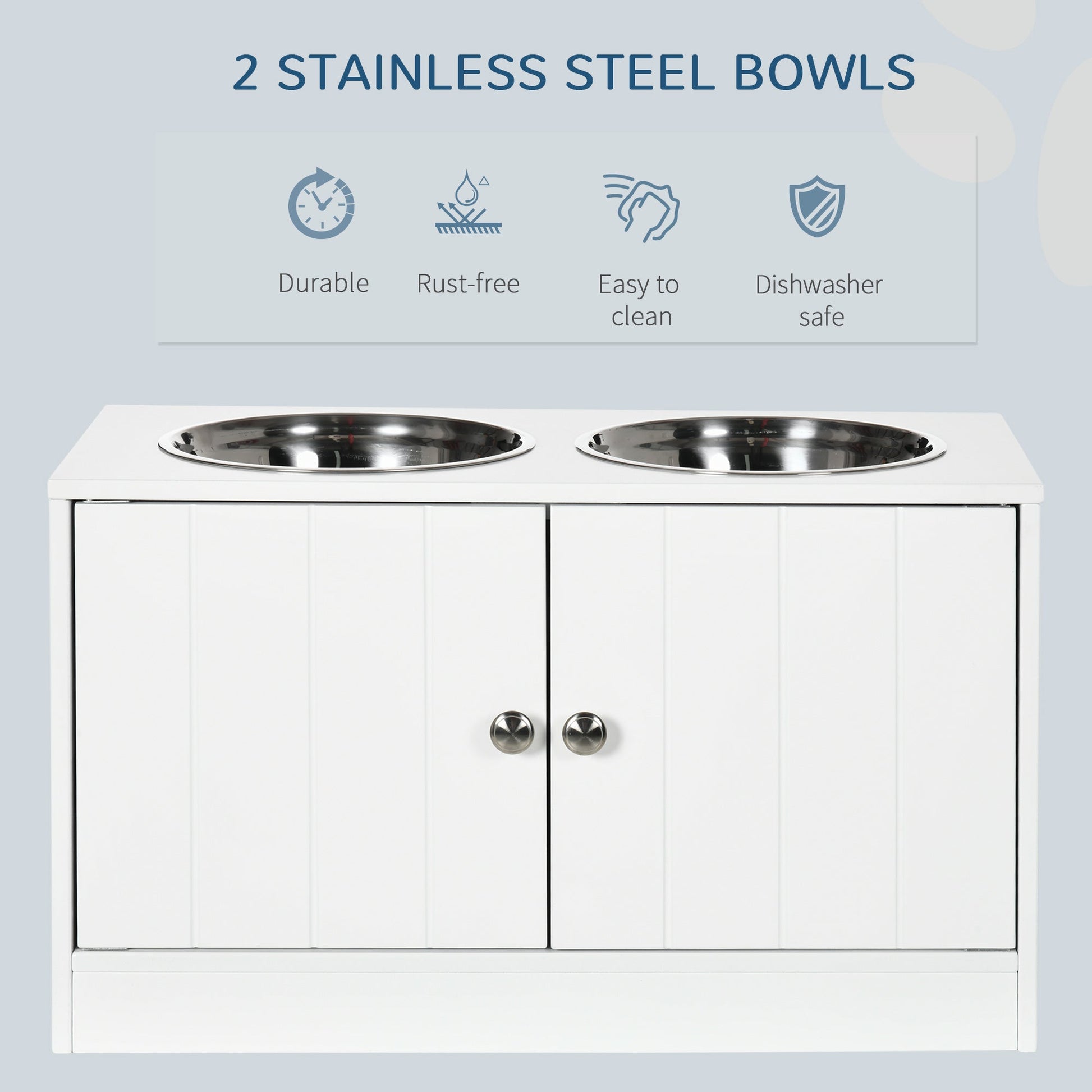 KFX-1917245 Large Elevated Dog Bowl Stand with 44L Storage Cabinet and Stainless Steel Bowls in Cotton White