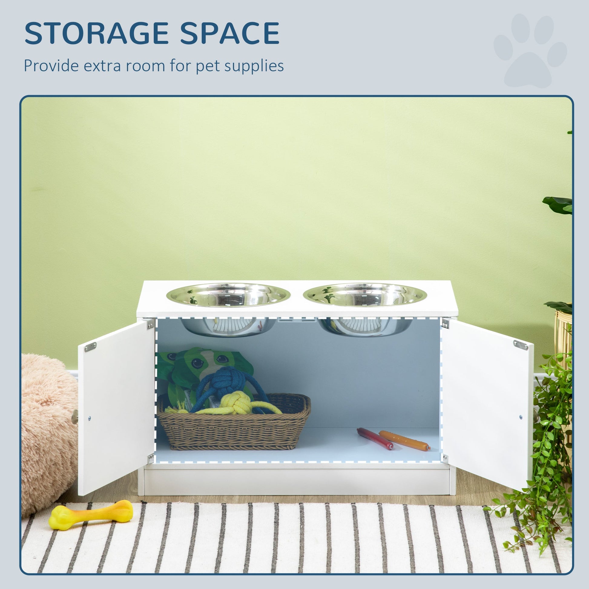 KFX-1917245 Large Elevated Dog Bowl Stand with 44L Storage Cabinet and Stainless Steel Bowls in Cotton White