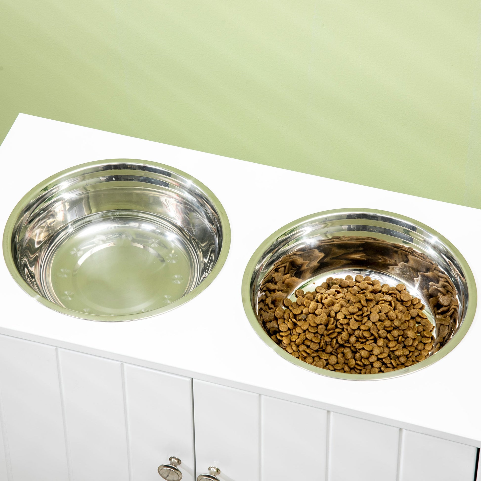 KFX-1917245 Large Elevated Dog Bowl Stand with 44L Storage Cabinet and Stainless Steel Bowls in Cotton White