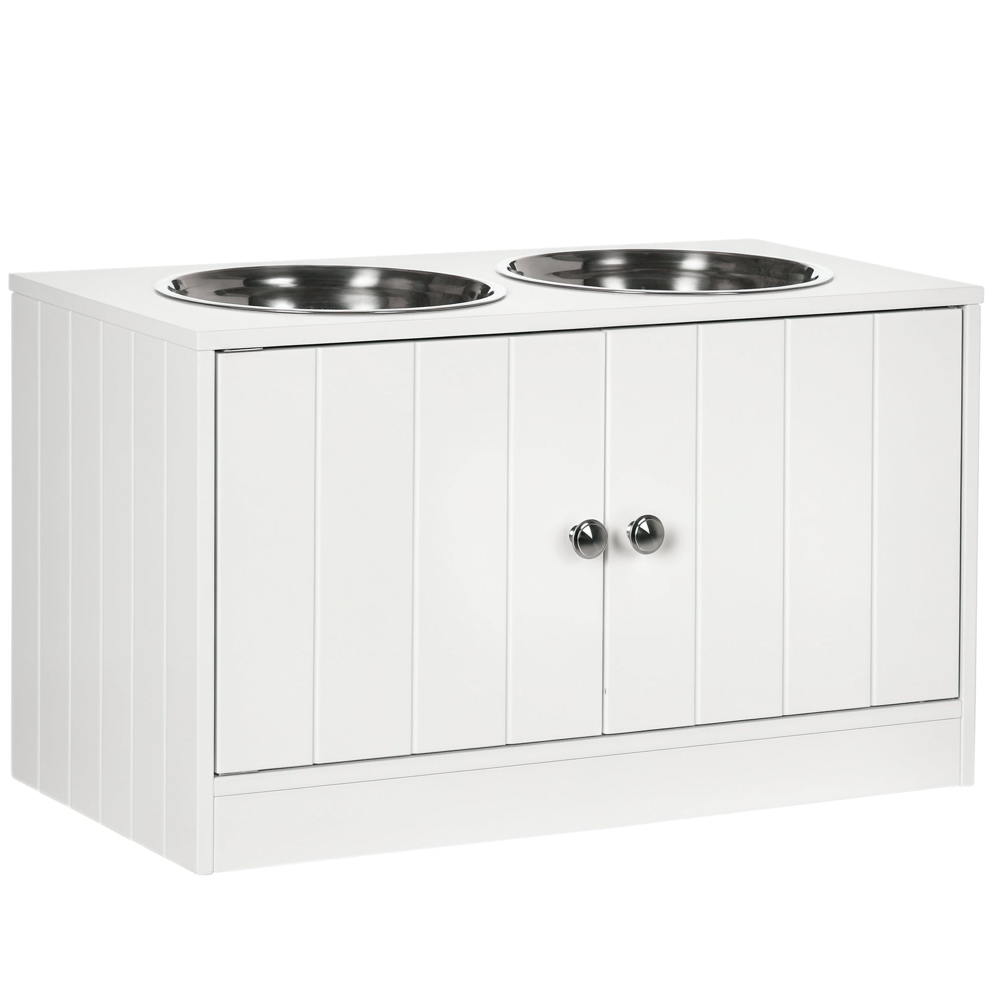 KFX-1917245 Large Elevated Dog Bowl Stand with 44L Storage Cabinet and Stainless Steel Bowls in Cotton White