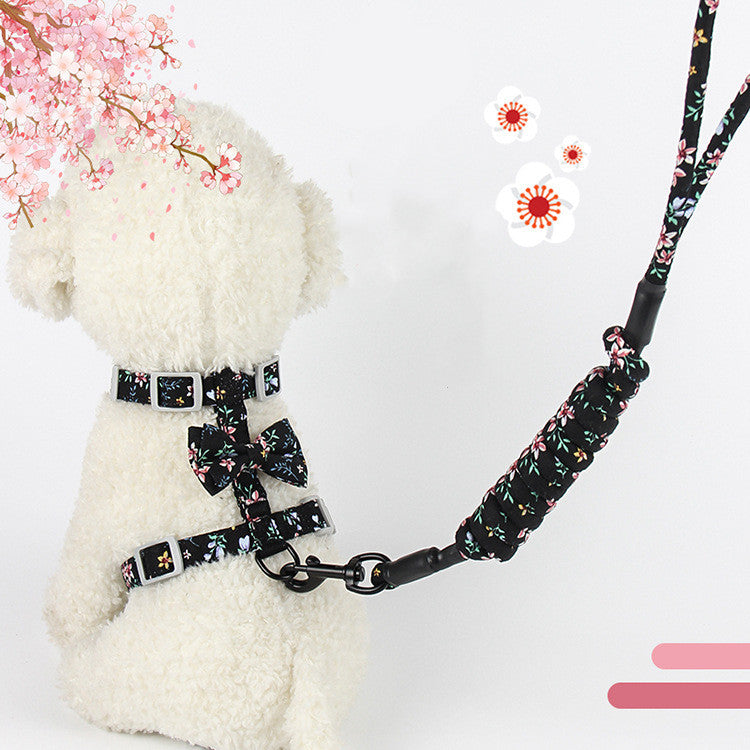 KFX-1918525 Japanese Style Floral Cat Leash in Navy Blue and Pink Cherry - Adjustable Cotton for Comfort