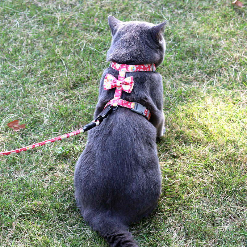 KFX-1918525 Japanese Style Floral Cat Leash in Navy Blue and Pink Cherry - Adjustable Cotton for Comfort