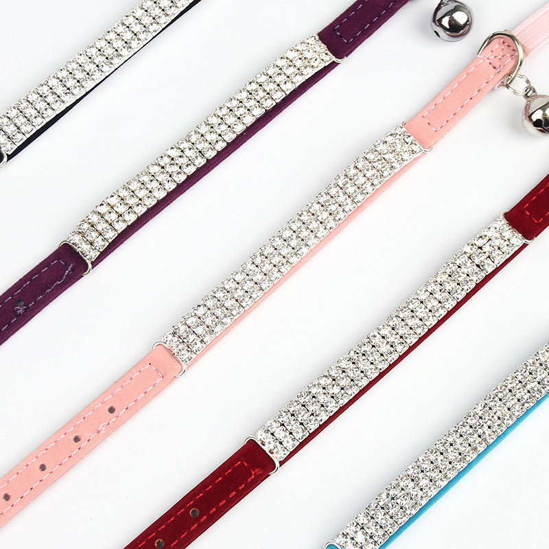 KFX-1919037 Rhinestone-Embellished Suede Cat Collar – Adjustable Velvet in Red, Blue, Purple, Black, Pink