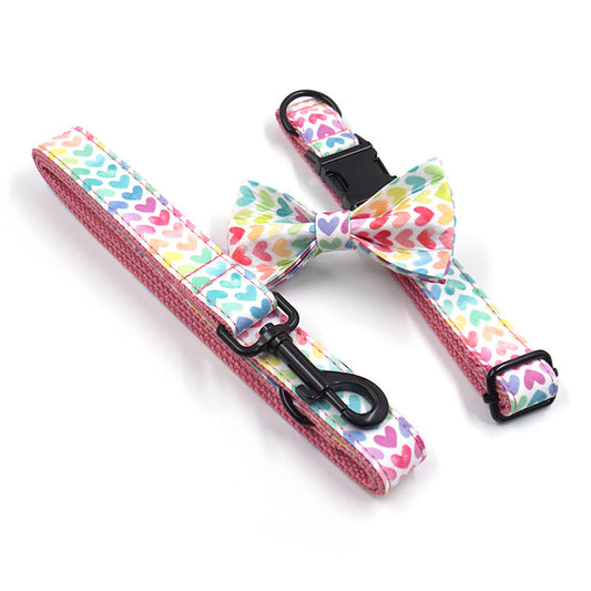 KFX-1922621 Pink Polyester Pet Collar and Traction Rope Bow Set for Comfortable Walks