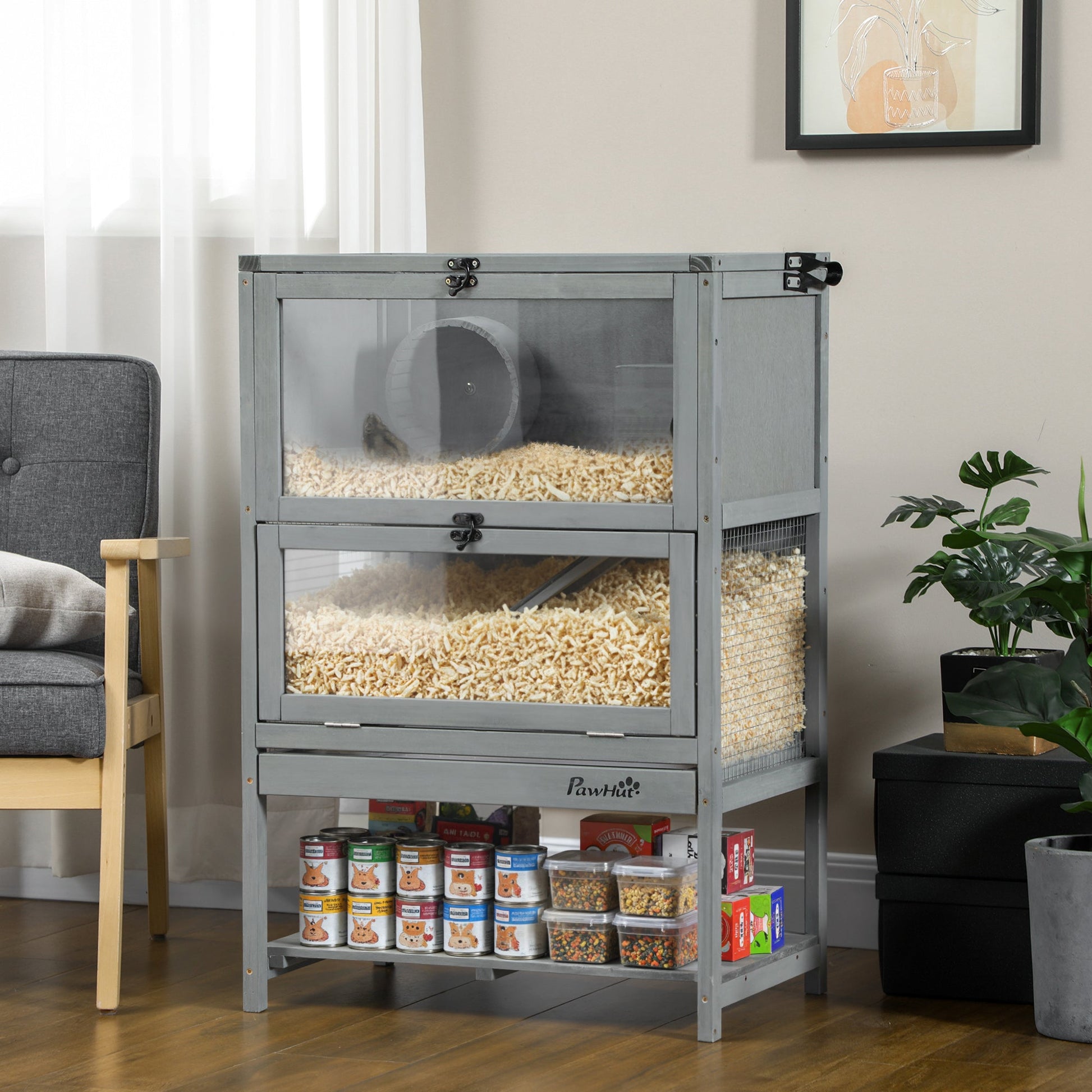 KFX-1926461 Large Wooden Hamster Cage with Storage Shelf, Seesaw, Running Wheel, and Sliding Tray, 35.5" High Small Animal Habitat