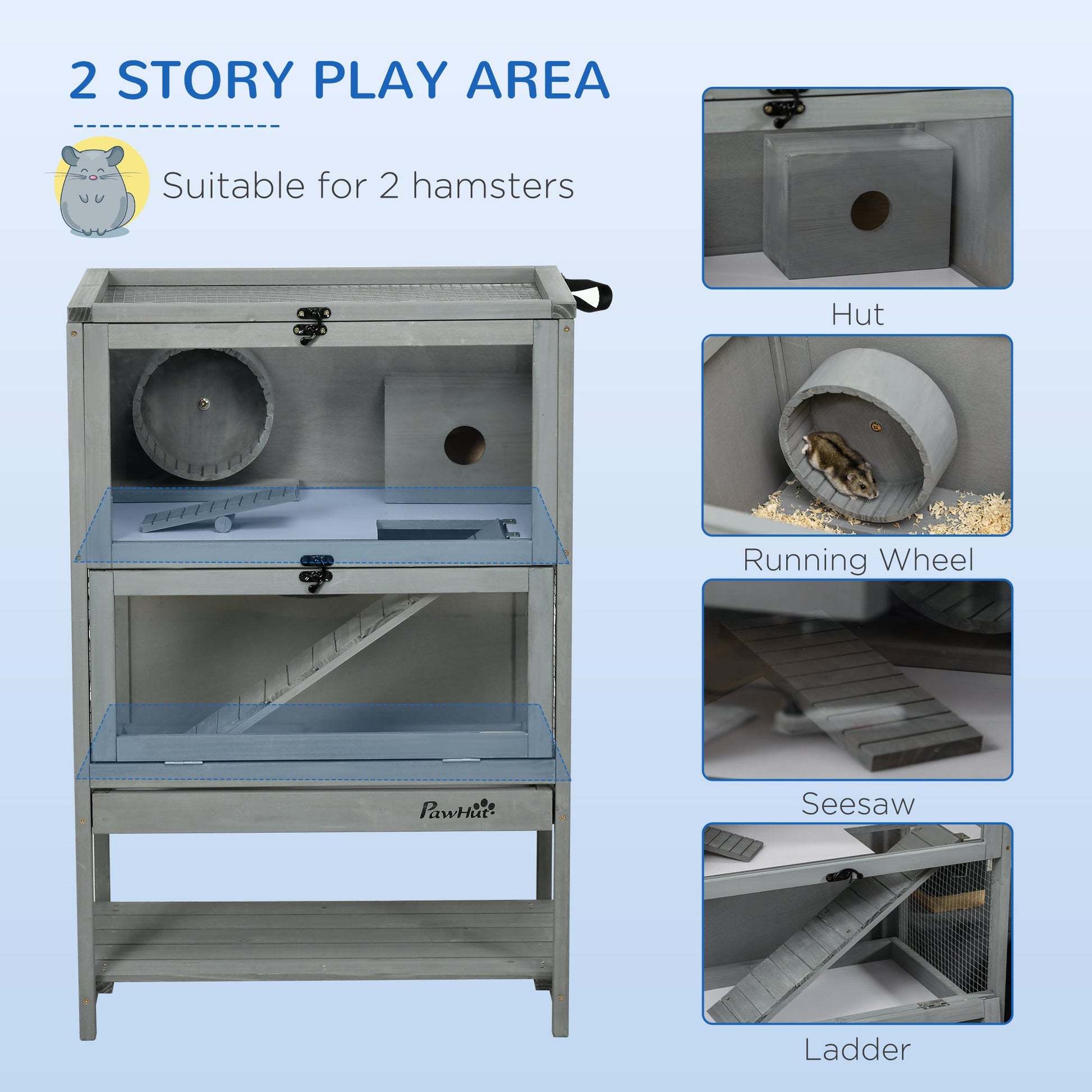 KFX-1926461 Large Wooden Hamster Cage with Storage Shelf, Seesaw, Running Wheel, and Sliding Tray, 35.5" High Small Animal Habitat