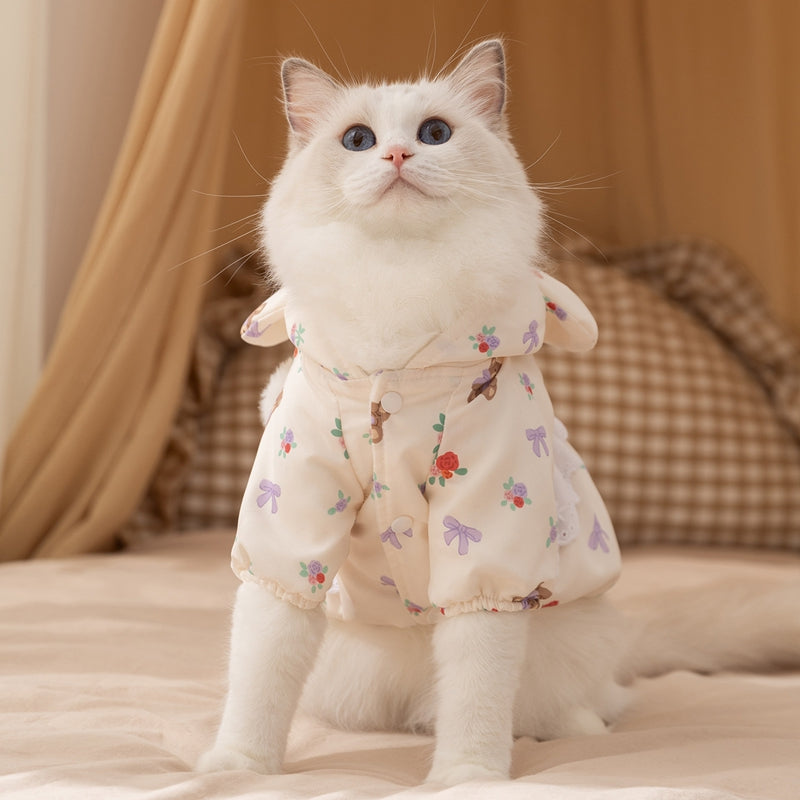 KFX-1927357 Floral Bear Two-Legged Cotton-Padded Dress for Kittens and Small Dogs with Lace Trims and Bunny Charm