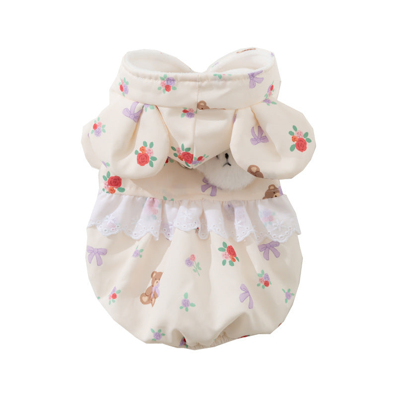 KFX-1927357 Floral Bear Two-Legged Cotton-Padded Dress for Kittens and Small Dogs with Lace Trims and Bunny Charm