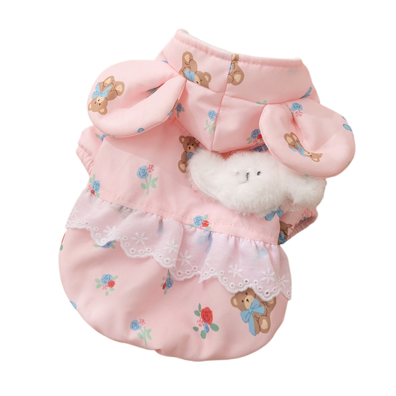 KFX-1927357 Floral Bear Two-Legged Cotton-Padded Dress for Kittens and Small Dogs with Lace Trims and Bunny Charm