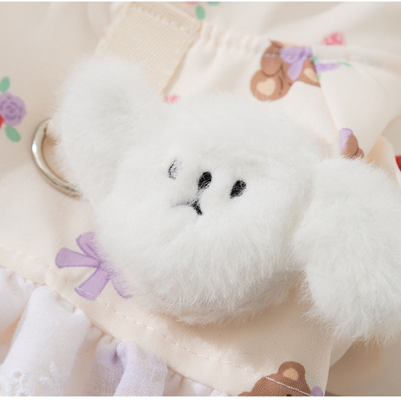 KFX-1927357 Floral Bear Two-Legged Cotton-Padded Dress for Kittens and Small Dogs with Lace Trims and Bunny Charm