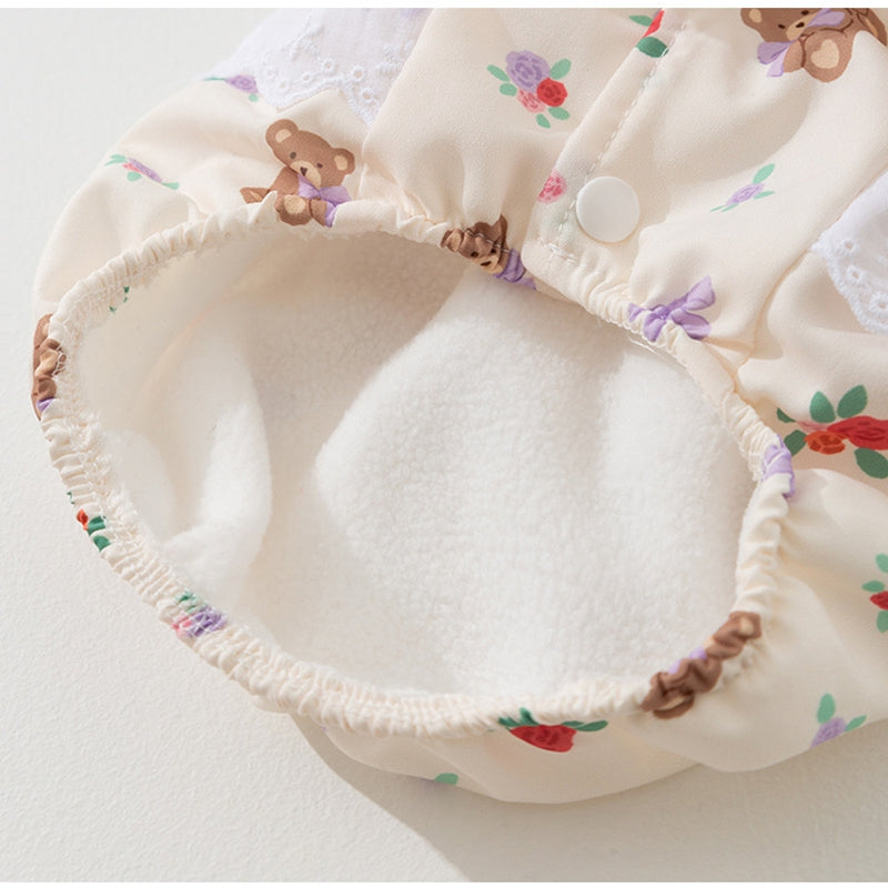 KFX-1927357 Floral Bear Two-Legged Cotton-Padded Dress for Kittens and Small Dogs with Lace Trims and Bunny Charm