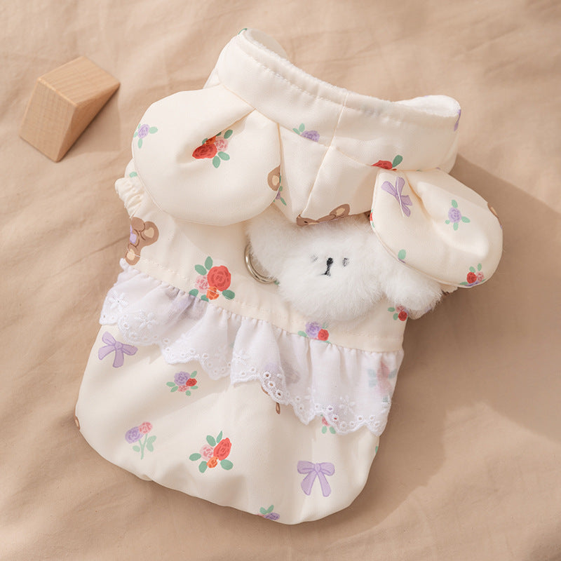 KFX-1927357 Floral Bear Two-Legged Cotton-Padded Dress for Kittens and Small Dogs with Lace Trims and Bunny Charm