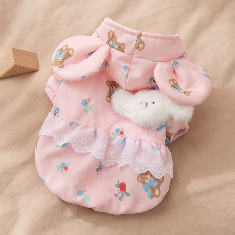 KFX-1927357 Floral Bear Two-Legged Cotton-Padded Dress for Kittens and Small Dogs with Lace Trims and Bunny Charm