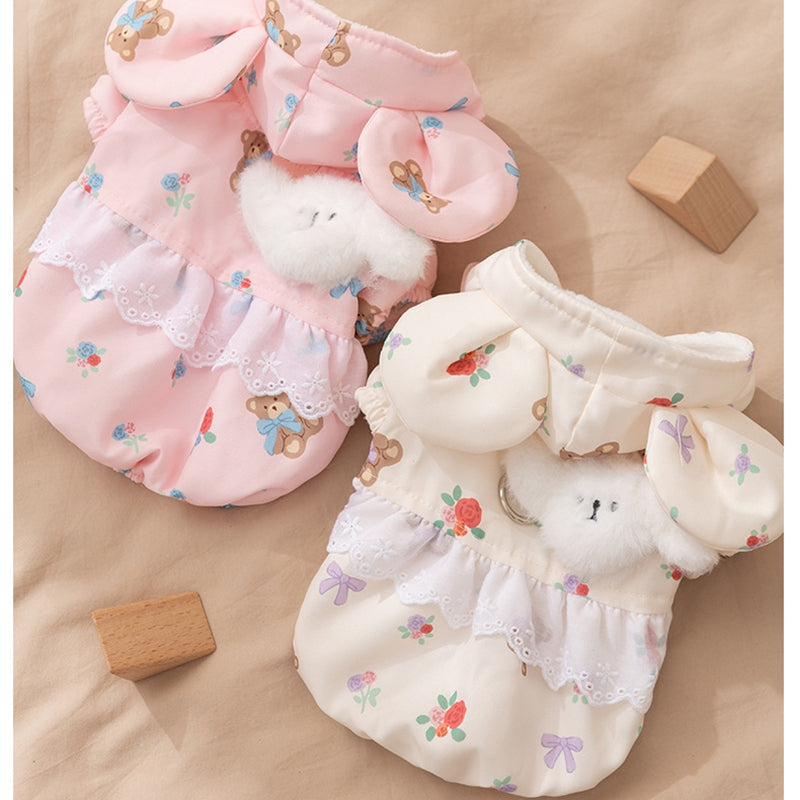 KFX-1927357 Floral Bear Two-Legged Cotton-Padded Dress for Kittens and Small Dogs with Lace Trims and Bunny Charm