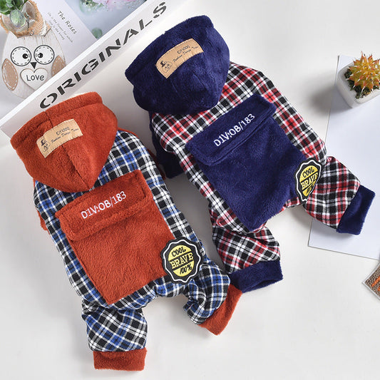 KFX-1929149 Pet Dog Plush Pocket Pants - Cozy Four-Legged Clothing in Red or Blue Checkered Pattern