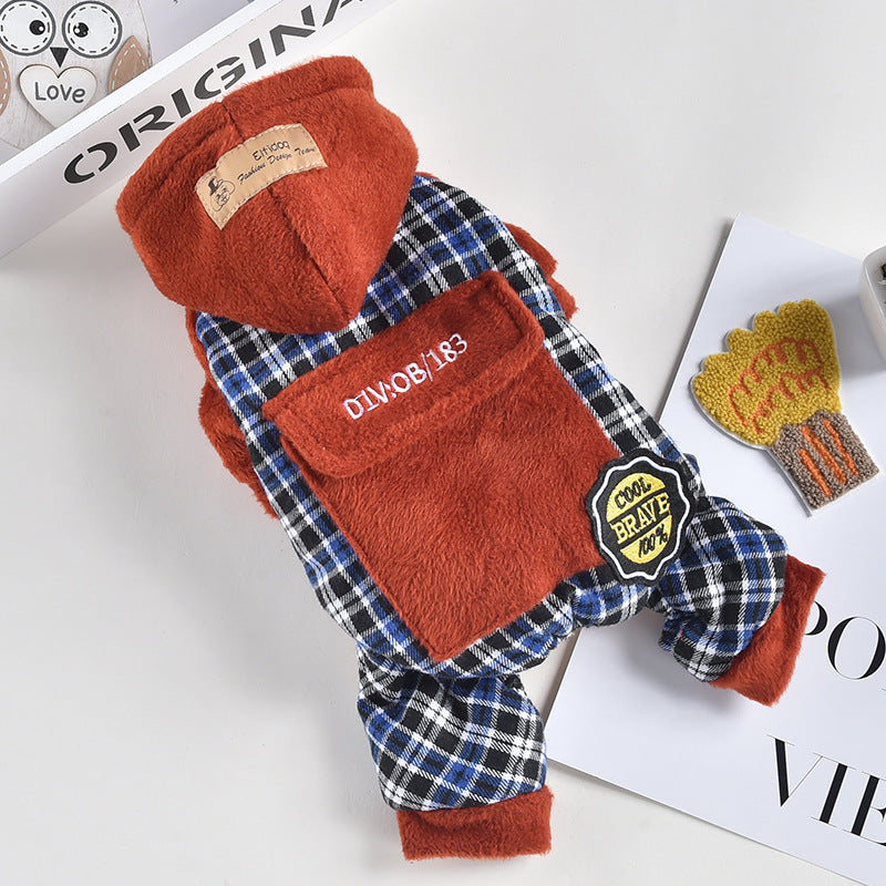 KFX-1929149 Pet Dog Plush Pocket Pants - Cozy Four-Legged Clothing in Red or Blue Checkered Pattern