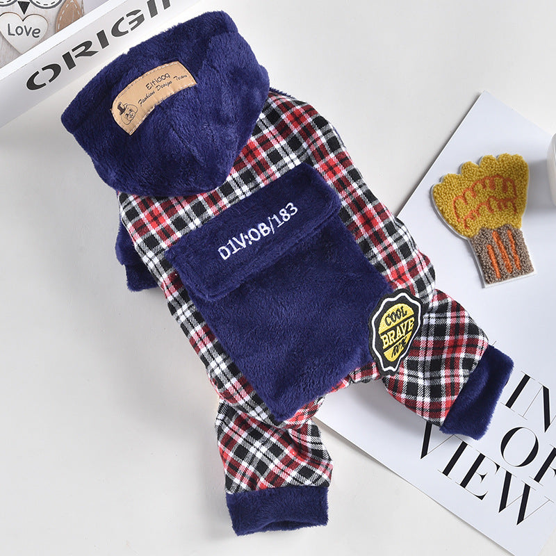 KFX-1929149 Pet Dog Plush Pocket Pants - Cozy Four-Legged Clothing in Red or Blue Checkered Pattern