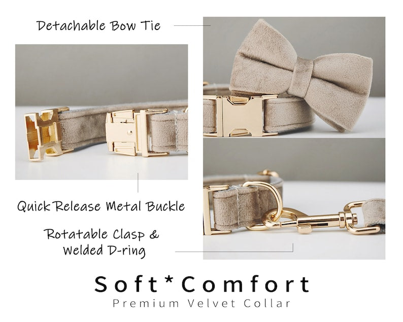 KFX-1930557 Velvet Dog Collar and Leash Set with Bow Tie - Customizable, Soft Cotton Lining