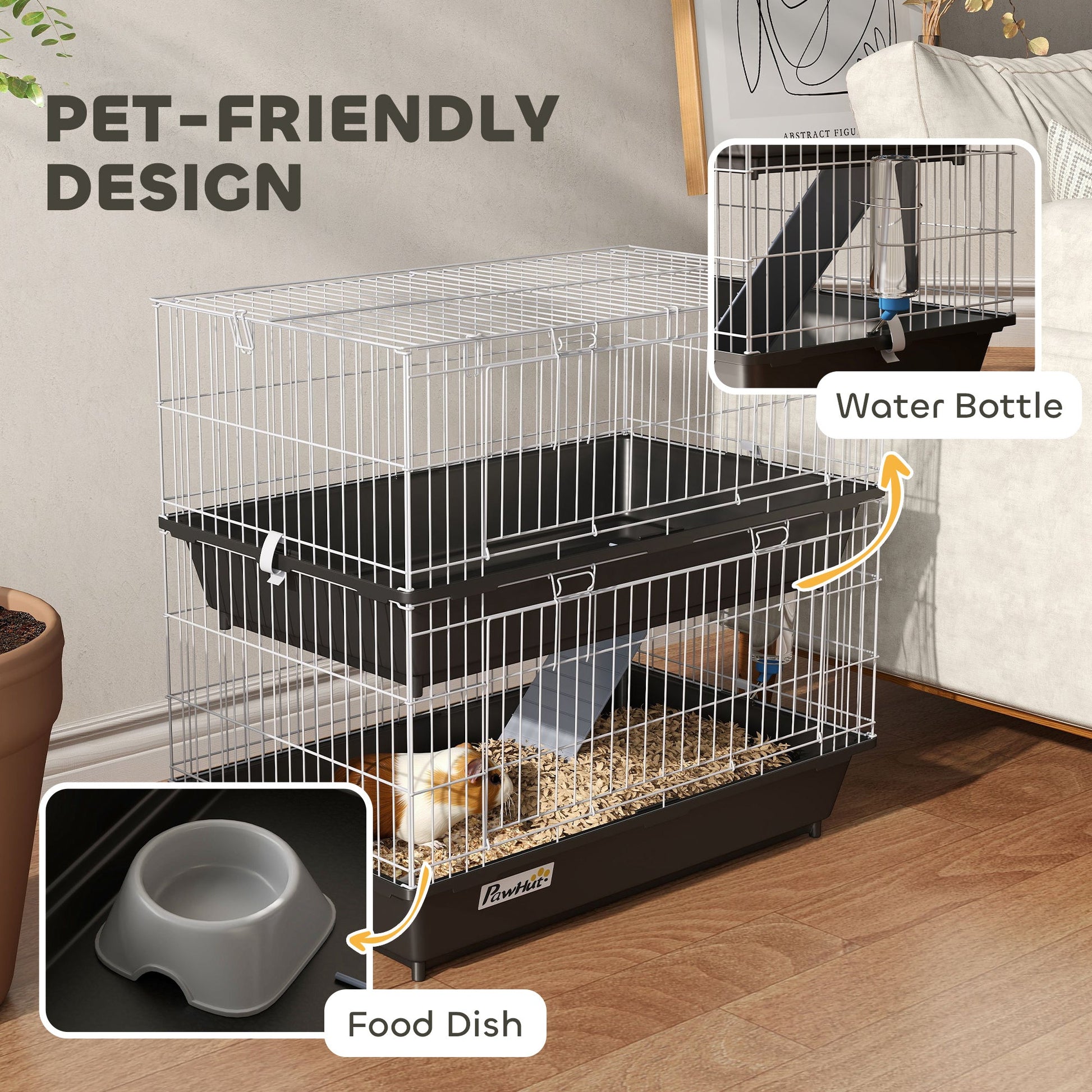 KFX-1932221 2-Tier Small Animal Cage for Rabbits, Ferrets, Chinchillas with Ramp and Accessories - Black