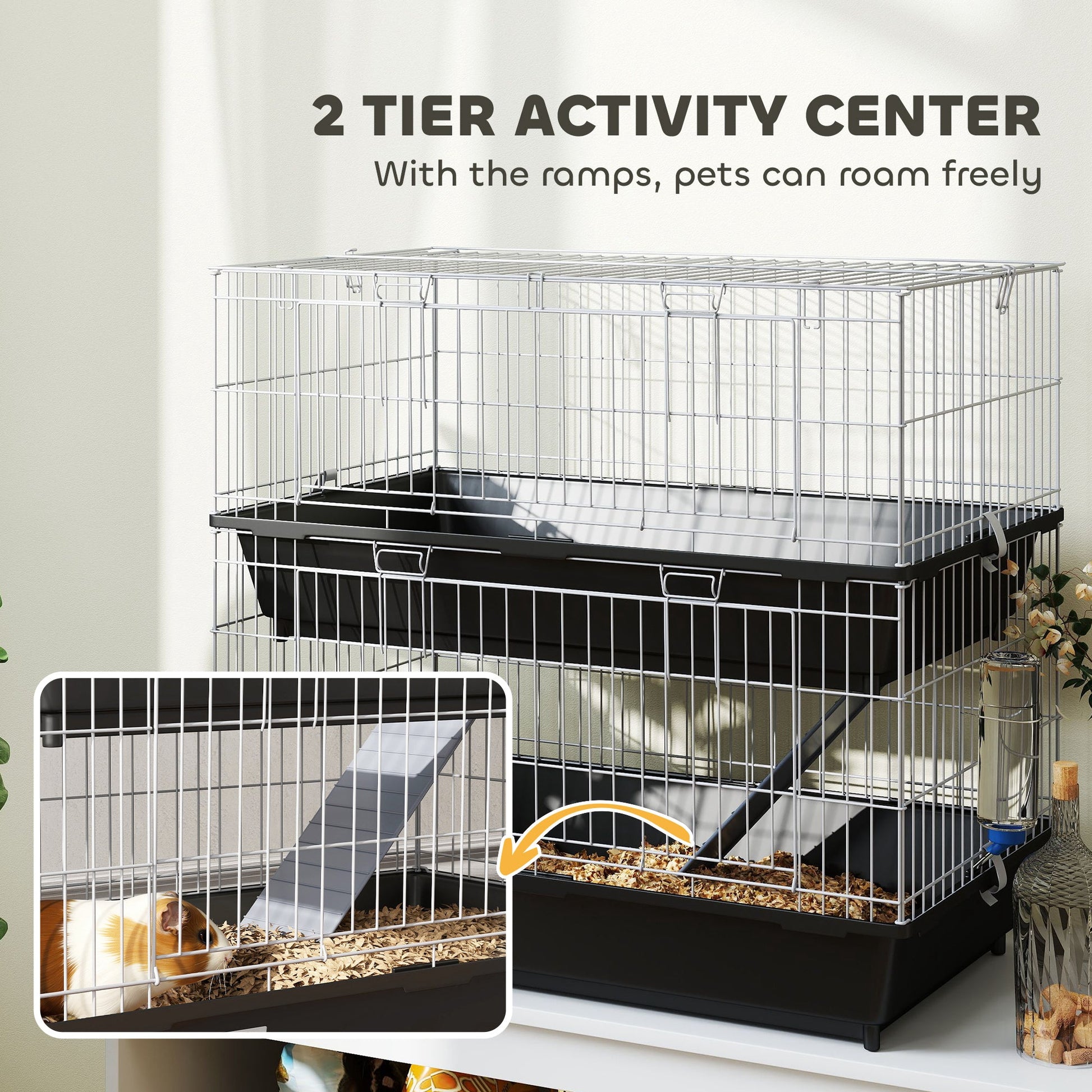 KFX-1932221 2-Tier Small Animal Cage for Rabbits, Ferrets, Chinchillas with Ramp and Accessories - Black