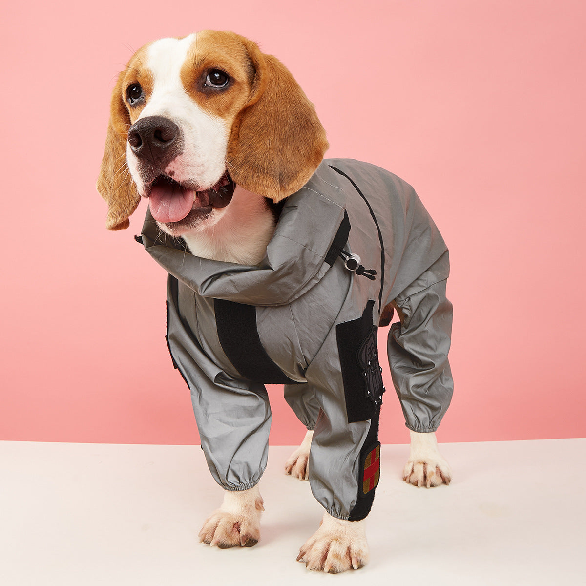 KFX-1932733 Reflective Waterproof Four-Legged Raincoat for Large Dogs - PU Coated Fabric, Casual Style