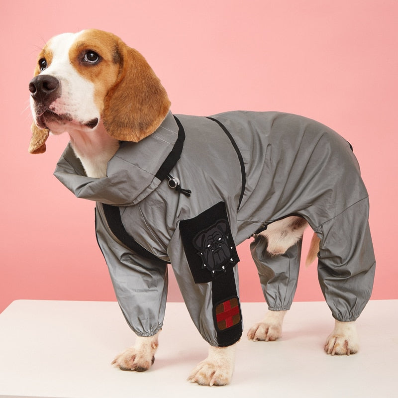 KFX-1932733 Reflective Waterproof Four-Legged Raincoat for Large Dogs - PU Coated Fabric, Casual Style