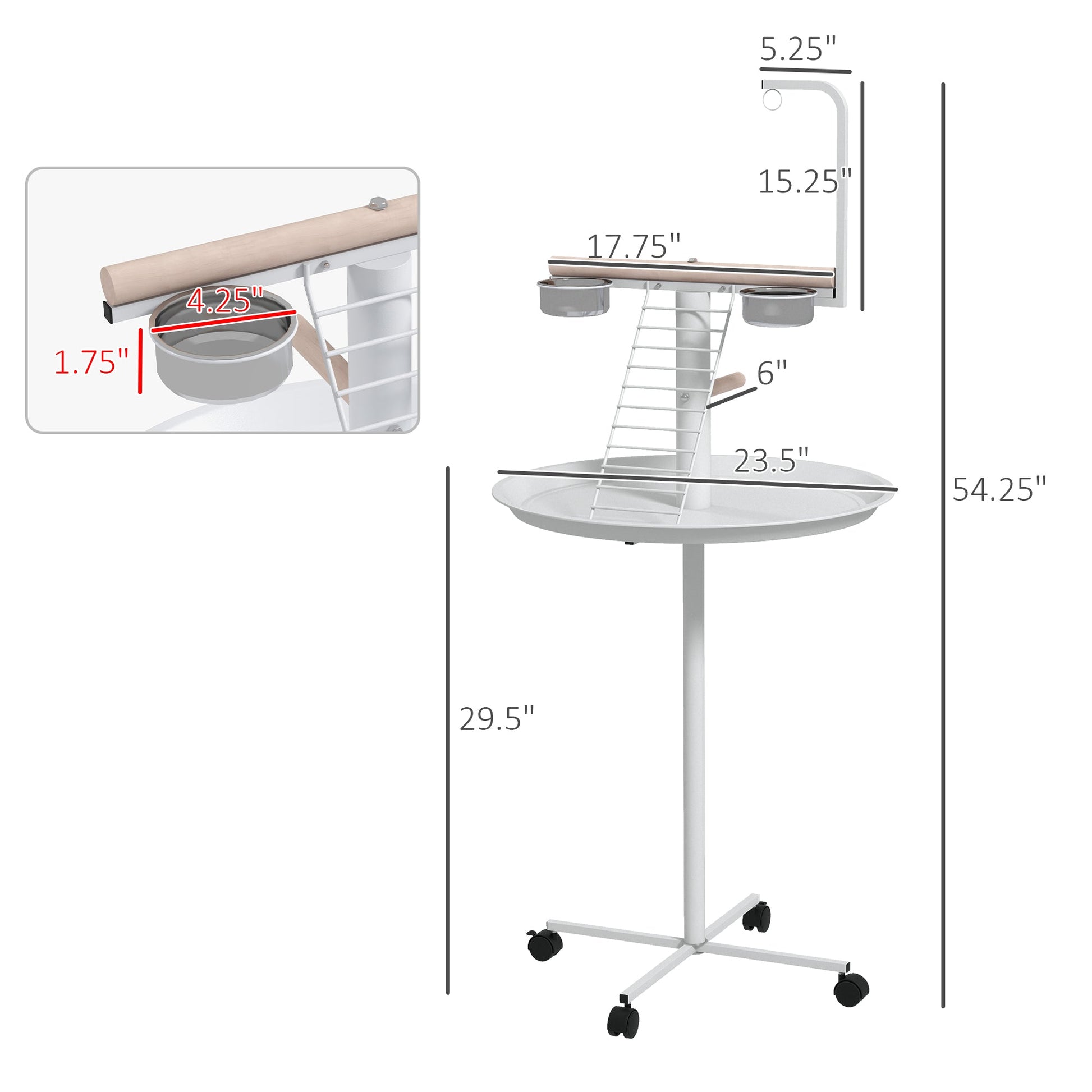 KFX-1936189 Portable Bird Stand with Wheels, Stainless Steel Bowls, Perches and Round Pallet for Small Parrots