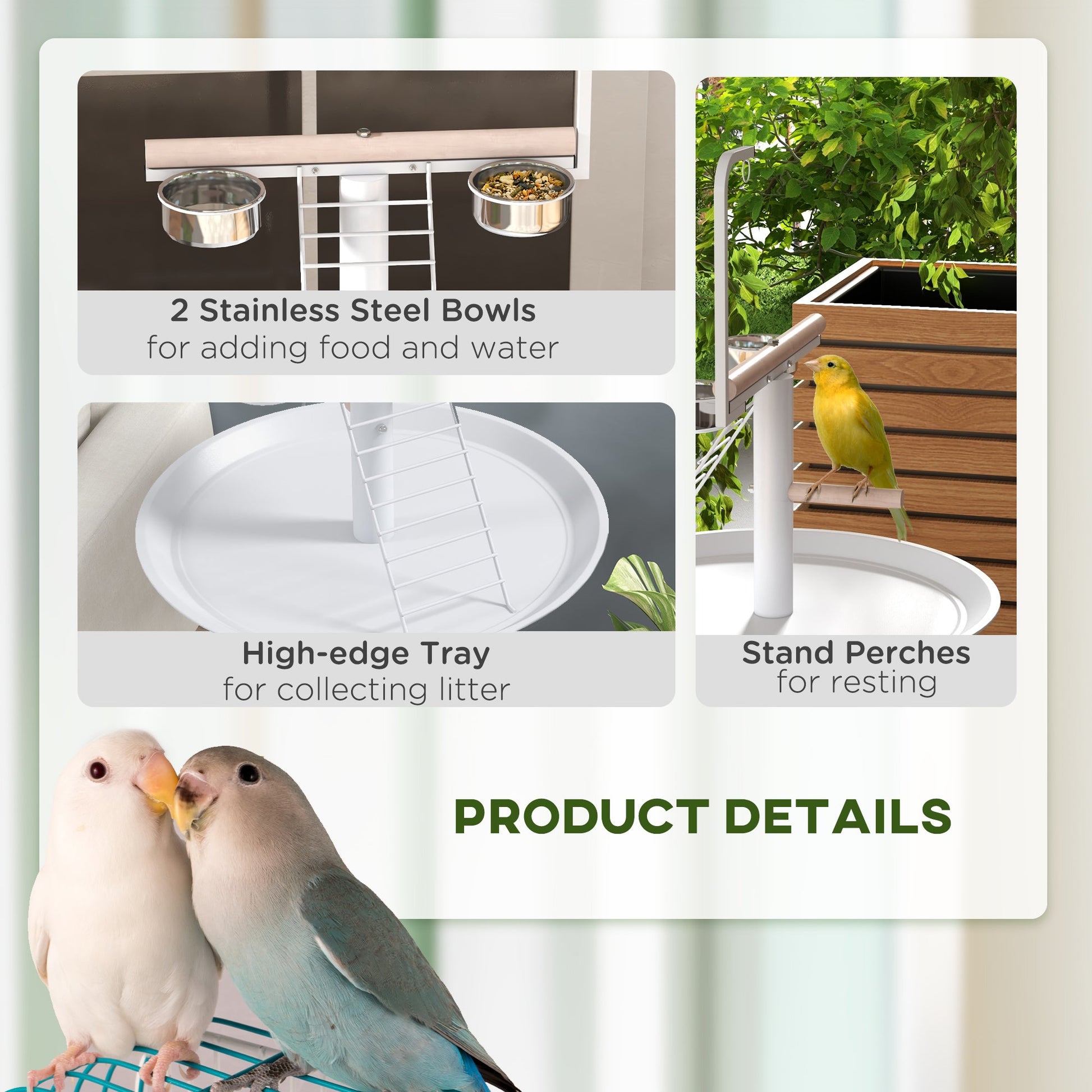 KFX-1936189 Portable Bird Stand with Wheels, Stainless Steel Bowls, Perches and Round Pallet for Small Parrots
