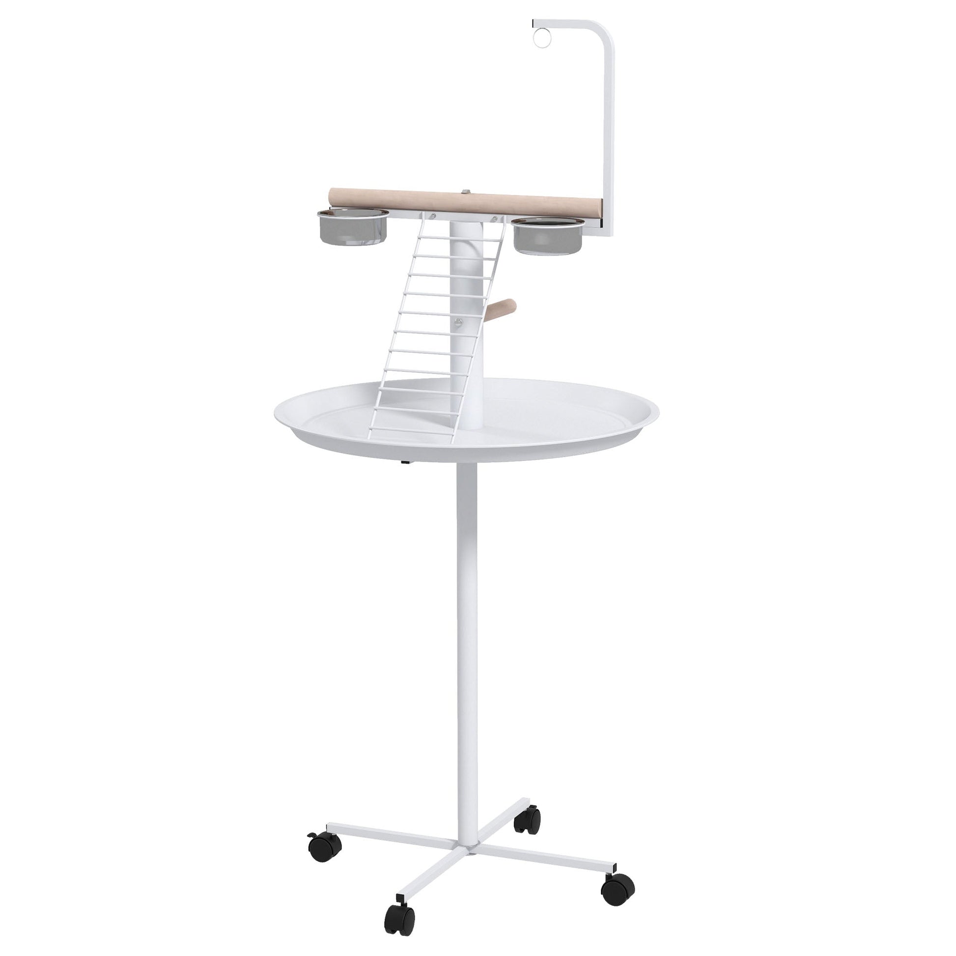 KFX-1936189 Portable Bird Stand with Wheels, Stainless Steel Bowls, Perches and Round Pallet for Small Parrots