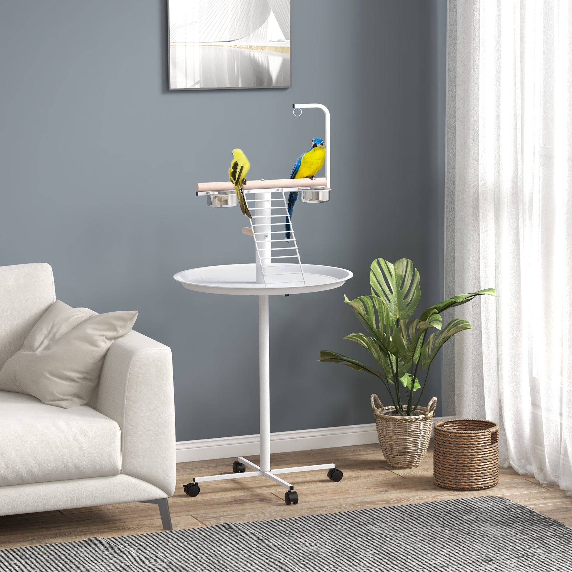 KFX-1936189 Portable Bird Stand with Wheels, Stainless Steel Bowls, Perches and Round Pallet for Small Parrots