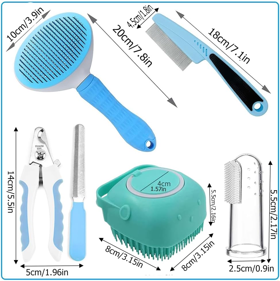 KFX-1945661 7-Piece Pet Grooming Set with Self-Cleaning Brush, Nail Clipper, Flea Comb, Bath Brush, and Toothbrush