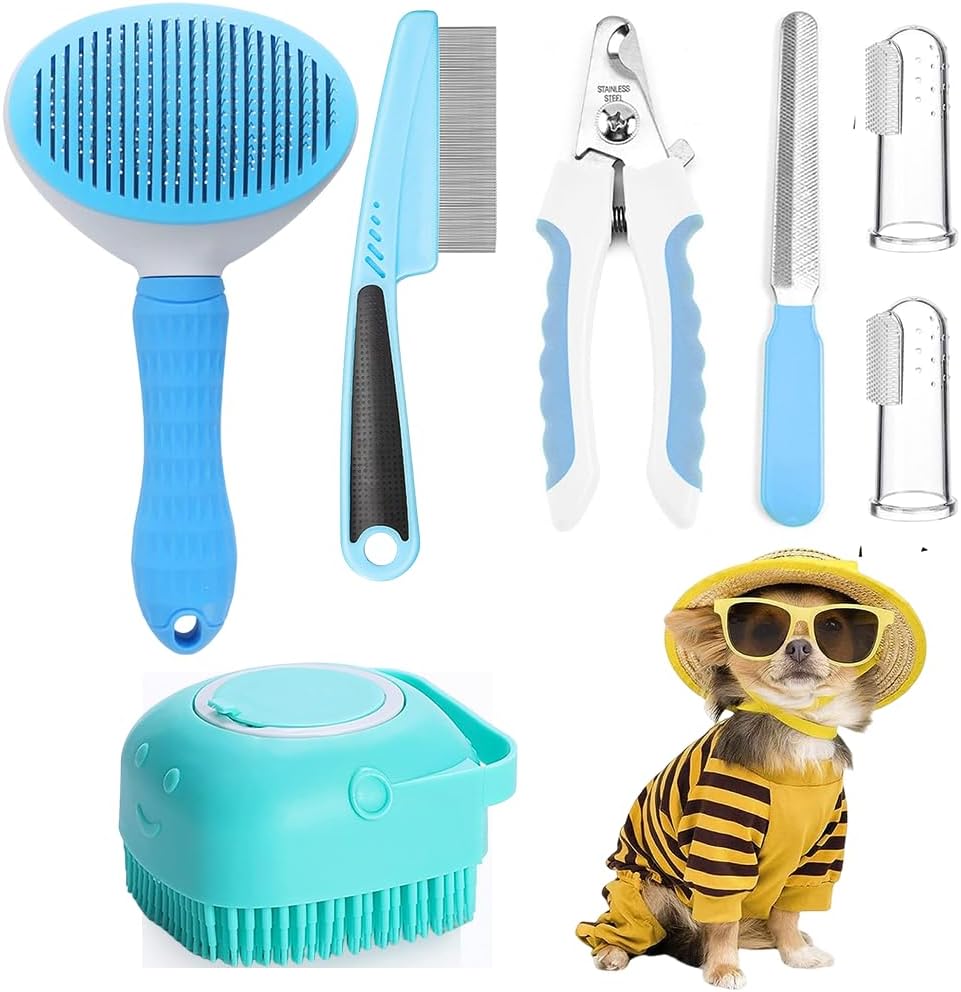 KFX-1945661 7-Piece Pet Grooming Set with Self-Cleaning Brush, Nail Clipper, Flea Comb, Bath Brush, and Toothbrush