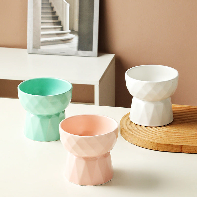 KFX-1950013 Ceramic High Foot Cat Bowl - Available in White, Pink, and Green Options