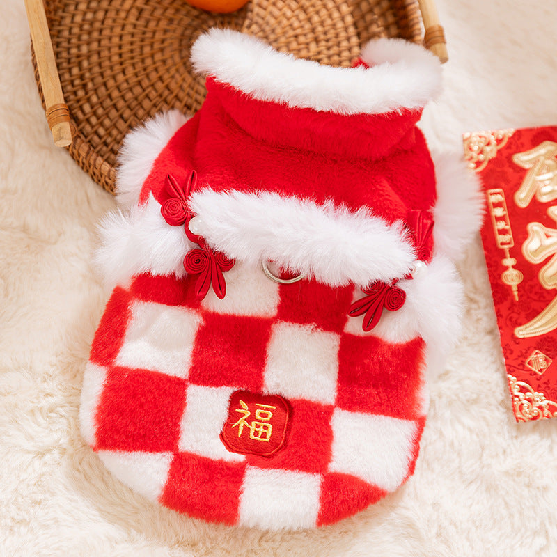 KFX-1954365 Checkered Red and White Dog Vest with Qipao Knots & "Fu" Embroidery for Lunar New Year Celebrations