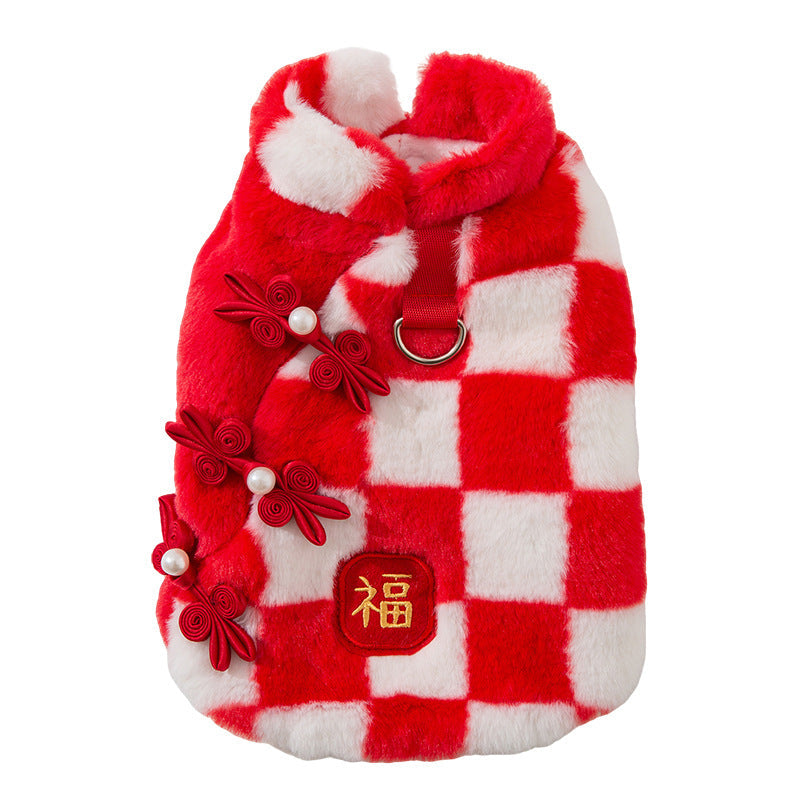 KFX-1954365 Checkered Red and White Dog Vest with Qipao Knots & "Fu" Embroidery for Lunar New Year Celebrations