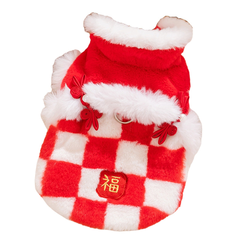 KFX-1954365 Checkered Red and White Dog Vest with Qipao Knots & "Fu" Embroidery for Lunar New Year Celebrations