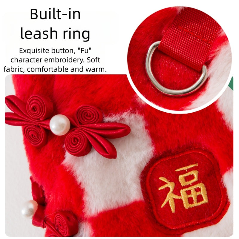 KFX-1954365 Checkered Red and White Dog Vest with Qipao Knots & "Fu" Embroidery for Lunar New Year Celebrations