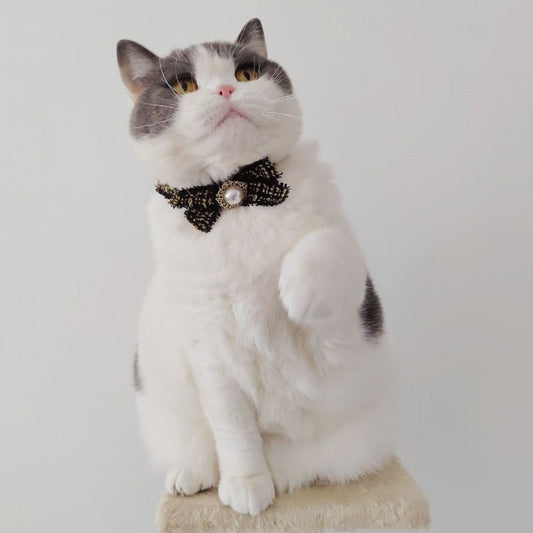 KFX-1957565 Elegant Black and White Cotton Cat Bow Tie Pet Collar - Size M and L Options Available