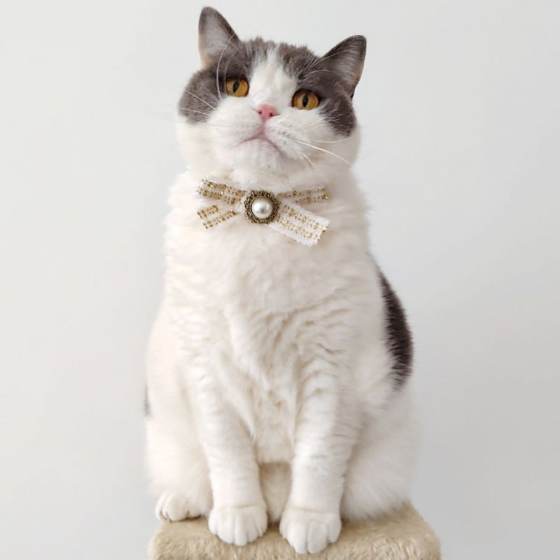 KFX-1957565 Elegant Black and White Cotton Cat Bow Tie Pet Collar - Size M and L Options Available