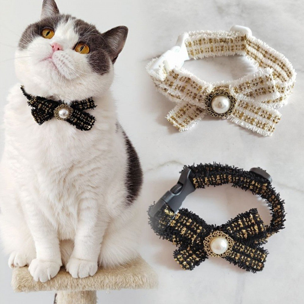KFX-1957565 Elegant Black and White Cotton Cat Bow Tie Pet Collar - Size M and L Options Available