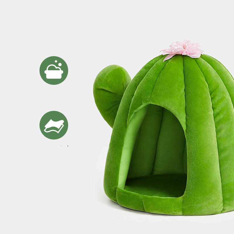 KFX-1959613 Cactus Pet Nest Plus Velvet Cat Bed - Dark Green, Medium Size, 100% Polyester & Polypropylene EPE
