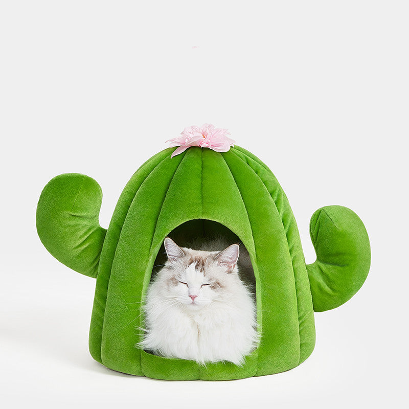 KFX-1959613 Cactus Pet Nest Plus Velvet Cat Bed - Dark Green, Medium Size, 100% Polyester & Polypropylene EPE