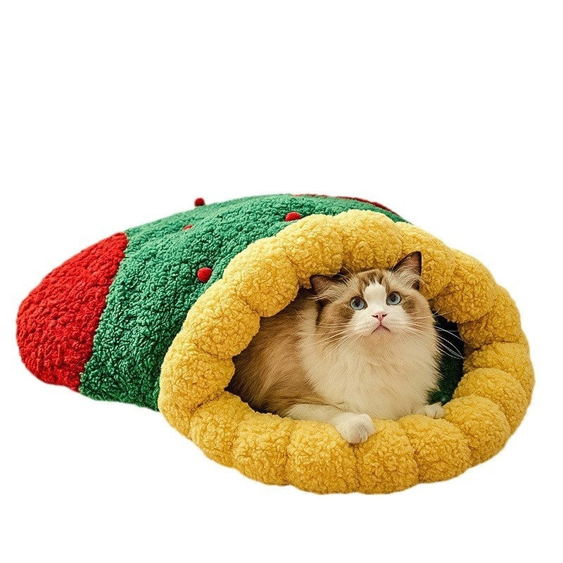 KFX-1964605 Christmas Style Deep Sleep Cat Nest with Lamb Wool and Oxford Fabric Tunnel – Available in Two Sizes