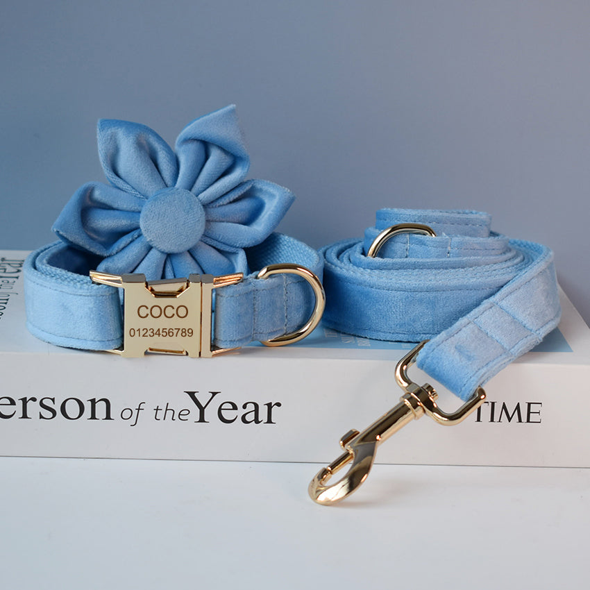 KFX-1978813 Elevate Your Pet's Style with a Monochrome Blue Velvet Dog Collar and Rope Set