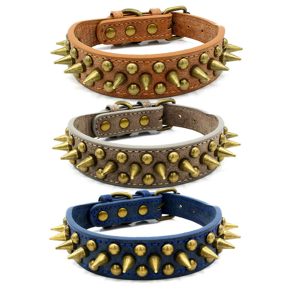 KFX-1984061 Retro Spiked Rivet Dog Collar in Leather for Large Breeds, Sizes S-XL