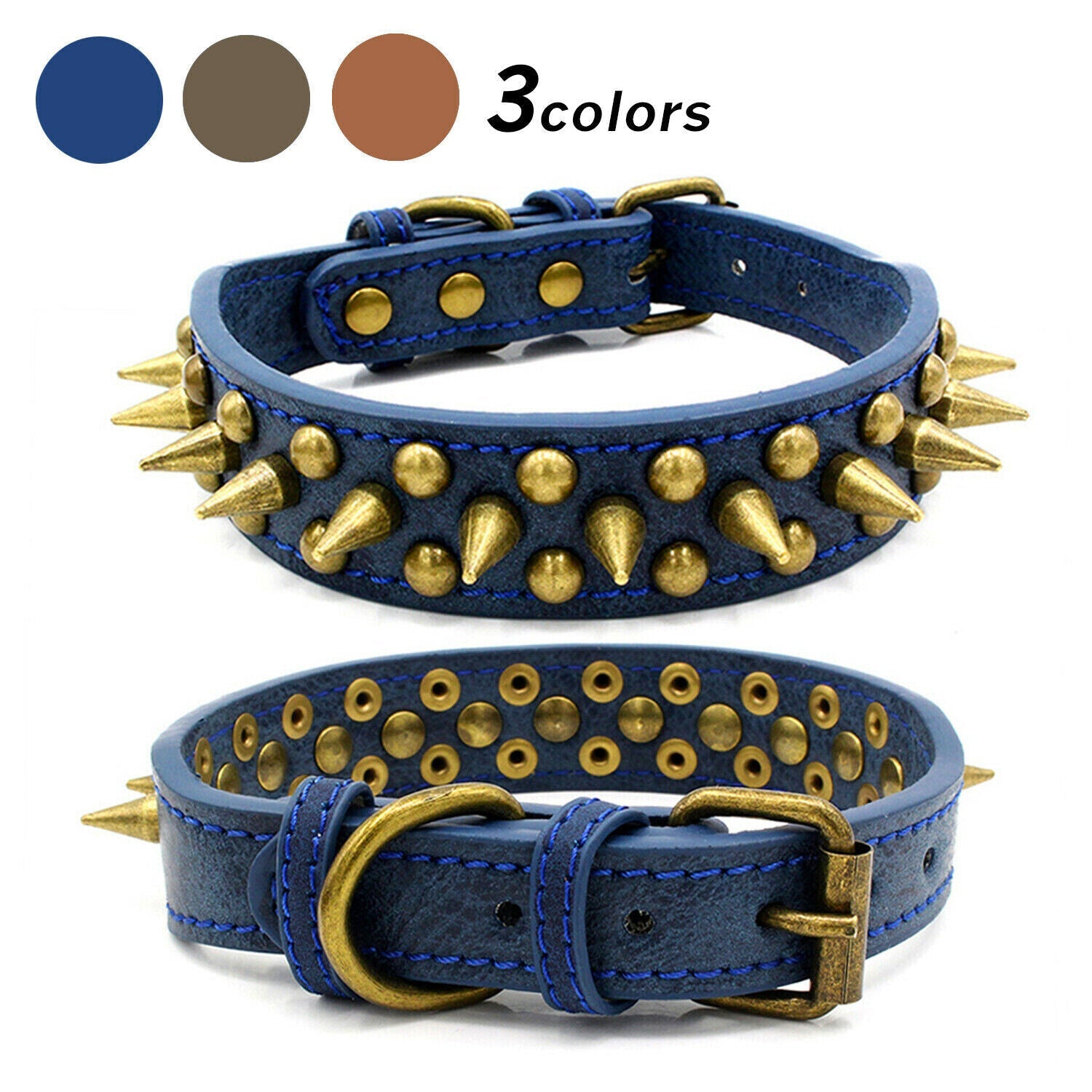 KFX-1984061 Retro Spiked Rivet Dog Collar in Leather for Large Breeds, Sizes S-XL