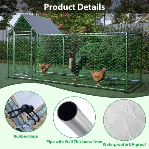 KFX-1986237 Metal Chicken Coop with Lid - 10x3FT Poultry Habitat Cage for Backyard Use, Durable and Spacious with UV-Resistant Cover