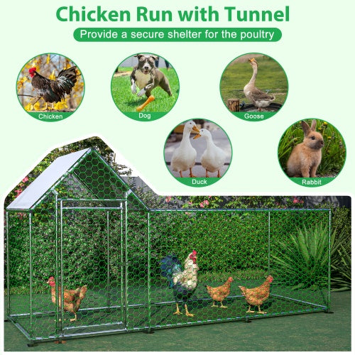 KFX-1986237 Metal Chicken Coop with Lid - 10x3FT Poultry Habitat Cage for Backyard Use, Durable and Spacious with UV-Resistant Cover