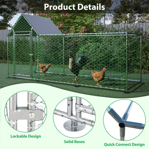 KFX-1986237 Metal Chicken Coop with Lid - 10x3FT Poultry Habitat Cage for Backyard Use, Durable and Spacious with UV-Resistant Cover